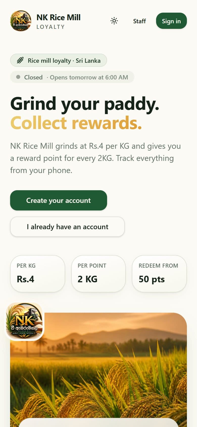 NK Rice Mill Rewards on mobile